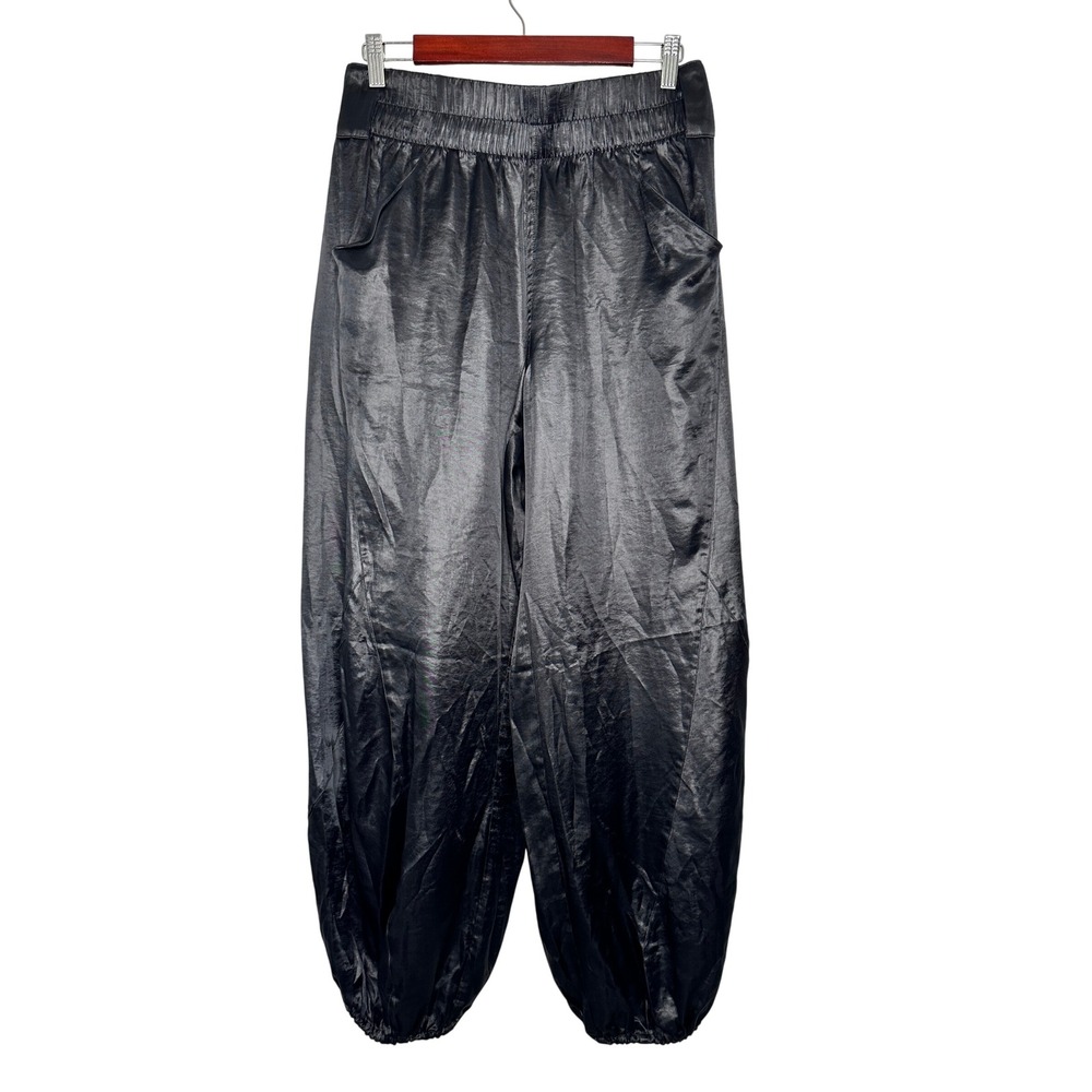 Pilcro Liquid Parachute Pants Size M Black Satin Elastic Waist Anthropologie - Picture 2 of 15